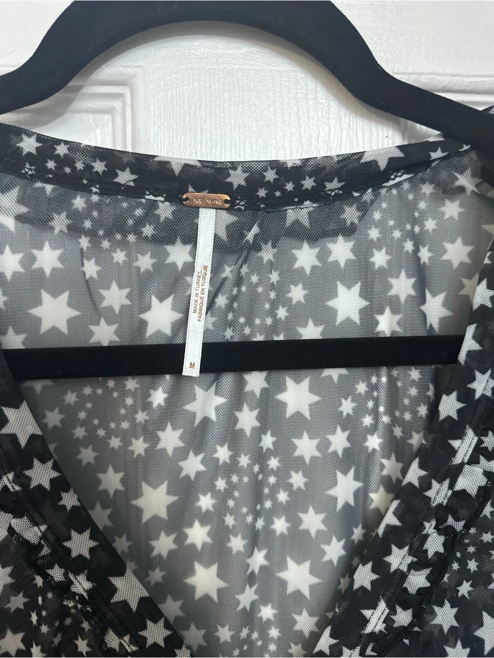 Free People Marne Top w/ Tie Front in Star Print Black/ White Sheer Crop Medium